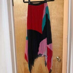 Joie Colorblock Pleated Asymmetrical Midi Skirt in Red, Black, Pink & Teal